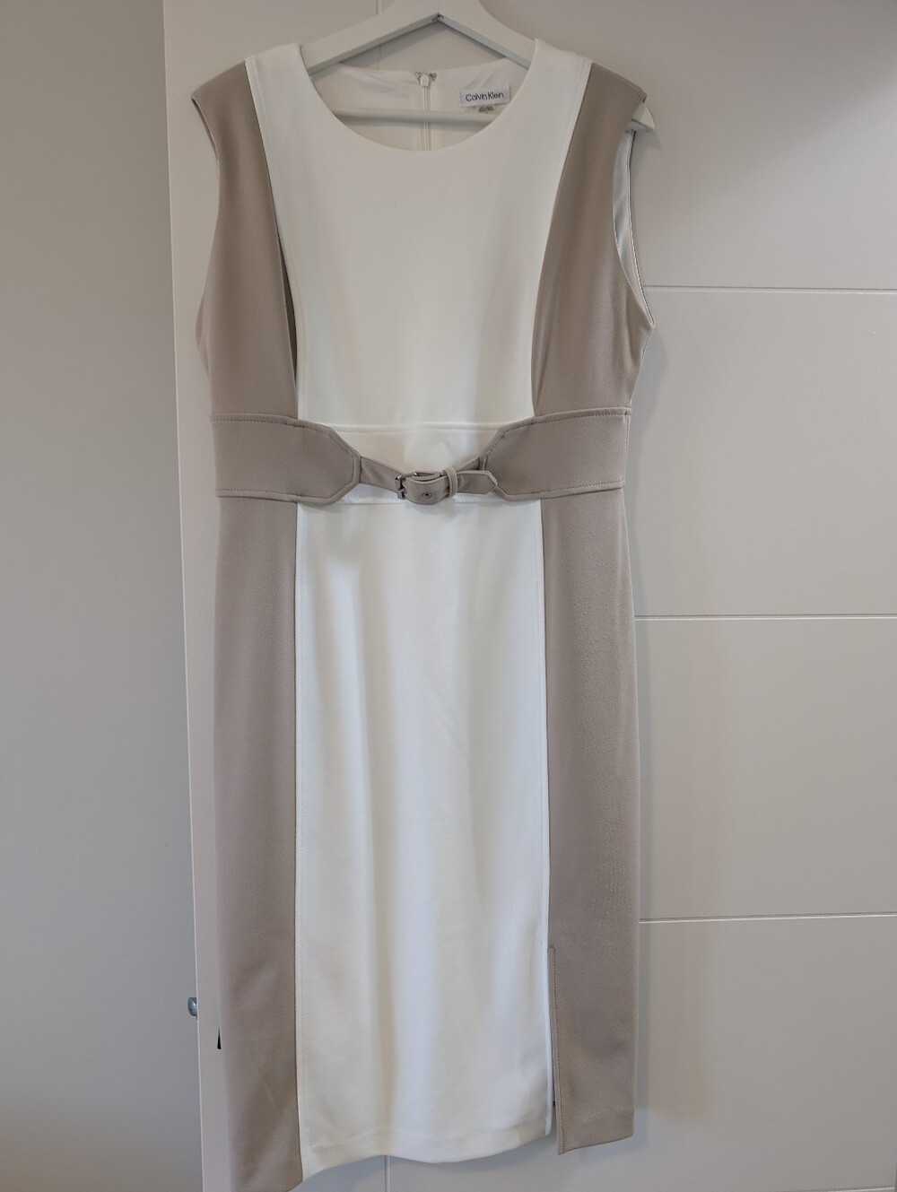 Calvin Klein Cream and Taupe Colorblock Midi Sheath Dress with Belt